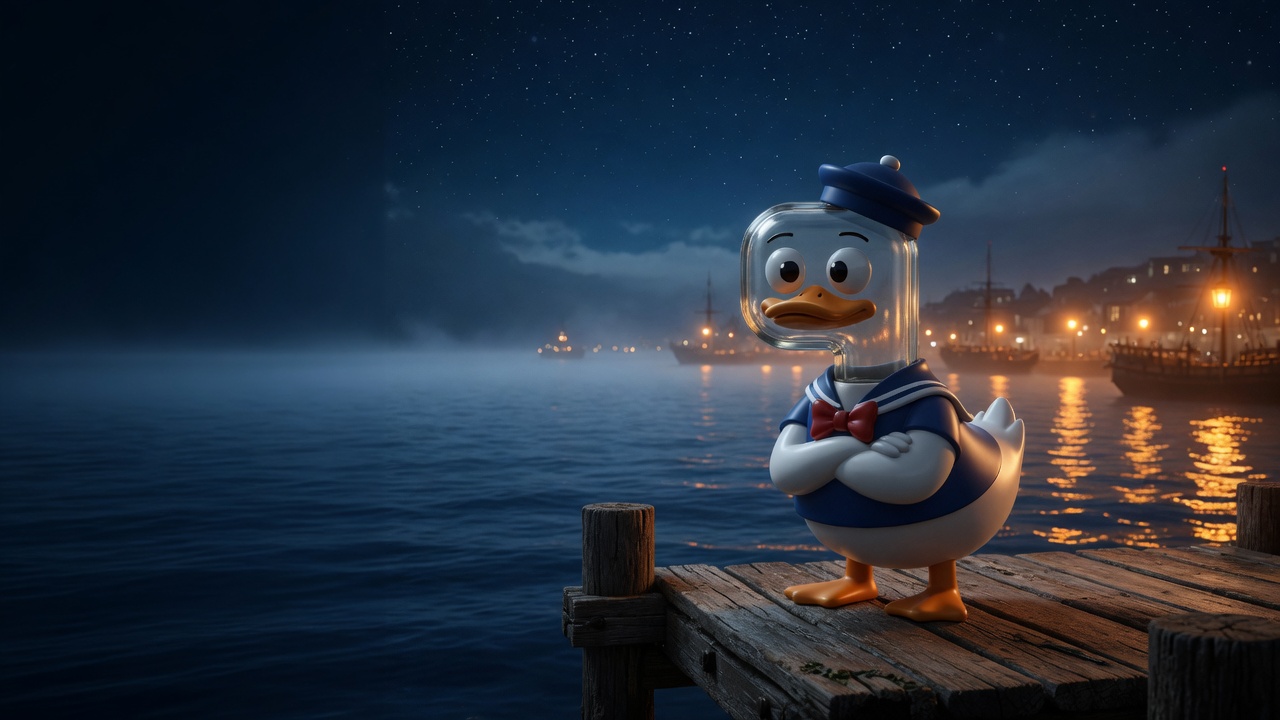 ponan, the sailor duck with a glass P head, standing on a night dock